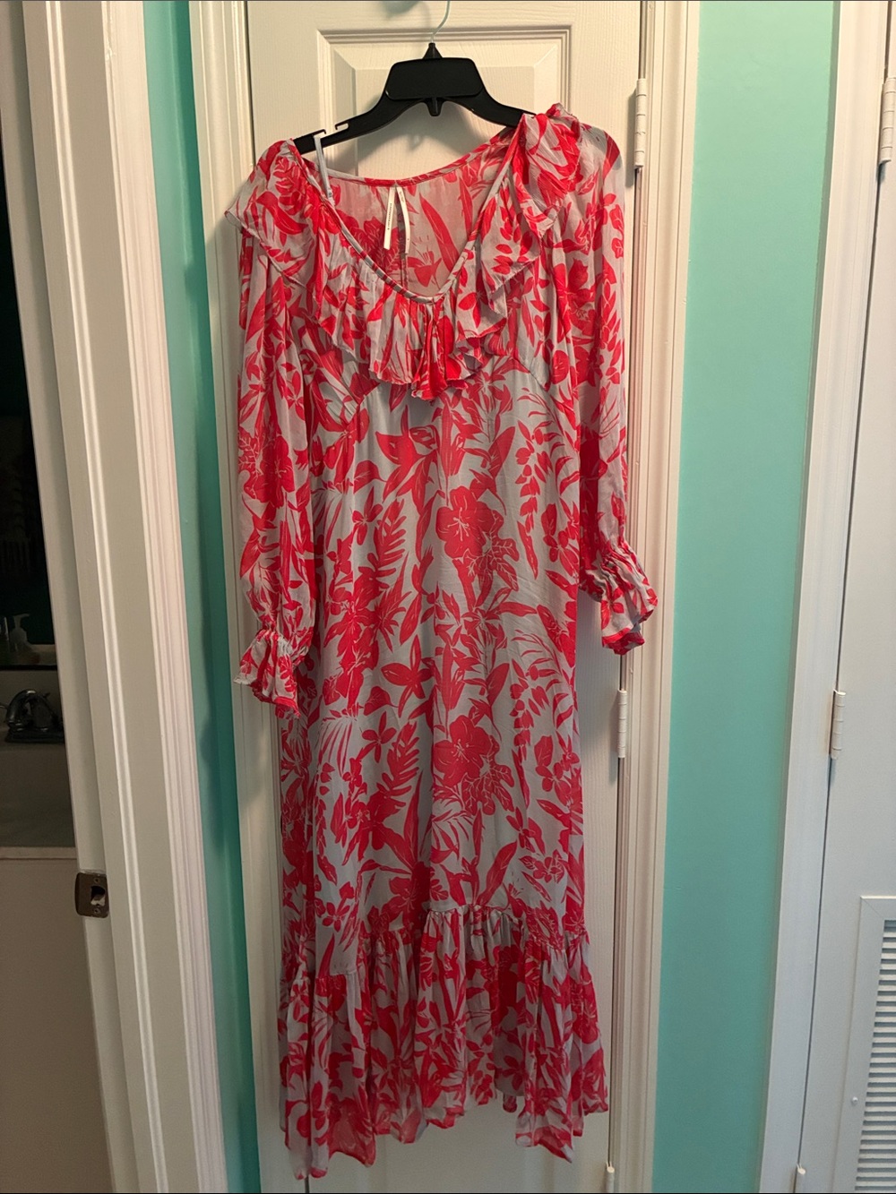 Anthropologie Coral Floral Ruffle Maxi Dress